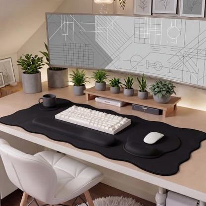 Sabary Scalloped Desk Mat Keyboard Mouse Pad Set 31.5 x 15.7 Inch Black Cute Aesthetic Preppy Table Mat Keyboard Wrist Rest Mouse Pad with Wrist Rest Coaster Ergonomic Non-Slip Waterproof Gaming Desk - color: Black, size: 31.5 x 15.7 Inch