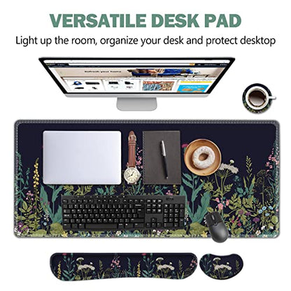AIMSA Large Gaming Mouse Pad Set, Keyboard Wrist Rest Support + Extended Mouse Pad + Mouse Wrist Cushion + Coaster, Ergonomic Multifunctional Desk Mat 35x15.7in Anti-Slip Rubber Base (Flowers Plants) - color: Flowers Plants