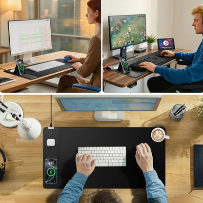 Wireless Charging Mouse Pad with Foldable Phone Holder, 31.5"x15.8", Black | Large Desk Mat for Laptop/Keyboard, Waterproof Ultra-Smooth Surface, Non-Slip Base - color: Black-Phone Holder-31.5"x15.8"
