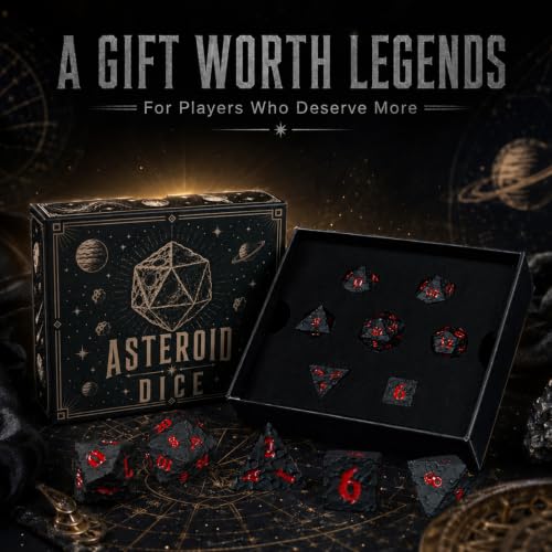 Asteroid Metal DND Dice Set, 7-Piece Polyhedral Dice | Solid zinc alloy dice with meteor texture, heavy feel, easy-read numbers, and storage box for tabletop gaming - color: Black and Red