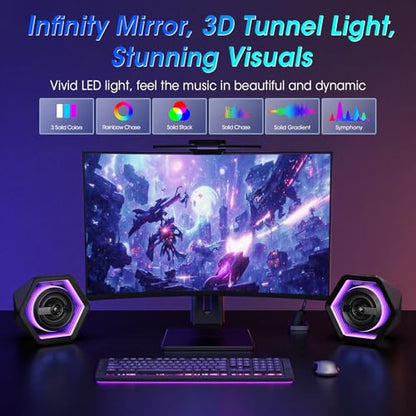 Computer Gaming Speakers, 50W Active Desktop Speakers with Infinity Mirror 3D Tunnel RGB (8 Modes), Bluetooth 5.3, AUX in, Headphone Out & Type-C Input, 3 EQ Modes, AC Powered for PC/Laptop/TV