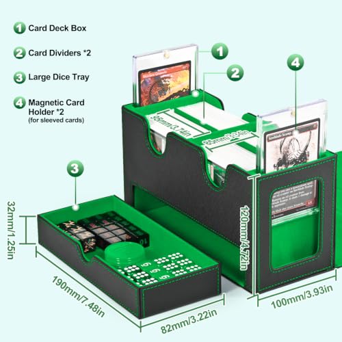 UAONO 3-in-1 MTG Commander Deck Box, Black Green | 2 Magnetic Card Holders & 1 Dice Tray, Fits 200 Double Sleeved, Card Organizer Compatible with Magic the Gathering - color: Black&Lemo Green