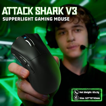 ATTACK SHARK V3 Ultra-Light Wireless Gaming Mouse,PAW3311 Sensor, 500mAh, 62g, 25KDPI 2.4G/BT/USB-C Rechargeable Wireless Mouse with 5 Programmable Buttons for Laptop,PC,Mac Gamer (Black) - color: Black