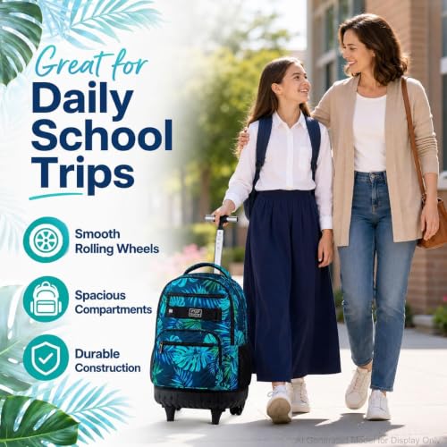 3Pcs Rolling Backpack for Boys Men, Travel Roller Backpacks with Wheels for Adults, Teens College Leaf Wheeled Bookbag with Lunch Box(Green) - color: Green Leaf