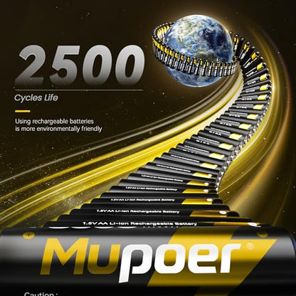 Mupoer Rechargeable AA Lithium Batteries with Charger,16 Count 3600 mWh 1.5V Double A Batteries High Capacity,Long Lasting Rechargeable AA Li-ion Battery with Integrated Charging Storage Box - Gold - size: 3600mWh 16AA