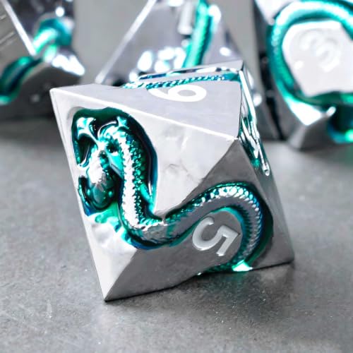 Ancient Serpent Metal DND Dice Set, 7 Piece Polyhedral RPG Dice for Dungeons and Dragons, Weighted Zinc Alloy Tabletop Dice with Storage Gift Case - color: Silver White