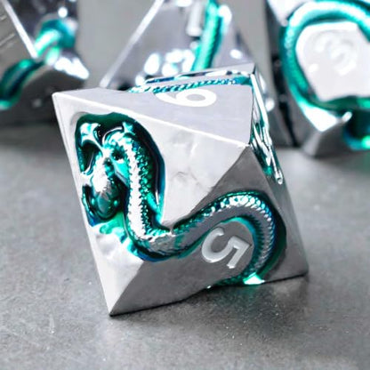 Ancient Serpent Metal DND Dice Set, 7 Piece Polyhedral RPG Dice for Dungeons and Dragons, Weighted Zinc Alloy Tabletop Dice with Storage Gift Case - color: Silver White