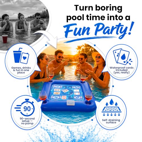 LUMARA Floating Table for Pool with Waterproof Playing Cards, Pool Games for Adults, 4 Cup Holders, Drinks and Snacks Tray, Hot Tub Party Accessory