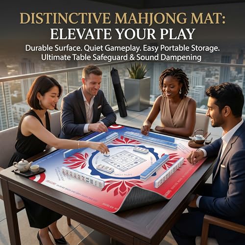 Mahjong Mat 2025 Upgraded No-Crease & No Odor Design, 32.3 Inch with Waterproof Velvet, Non-Slip PU Silicone, Lightweight for Noise Reduction, Includes Printed Rules for Tiles and Cards (Red-Blue) - color: Red-blue