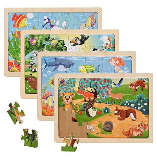 Puzzles for Kids Ages 4-6, 4 Packs 24 Pcs Wooden Puzzles for Kids | Thickened Animal Jigsaw Puzzles, Kids Puzzles Ages 3-5, Preschool Educational Learning Toys for Boys and Girls 3-8 Years Old