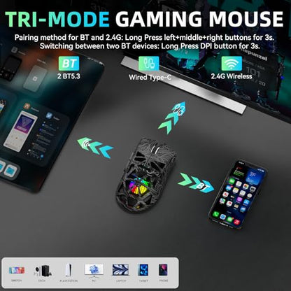 Aula SC620 Wireless Gaming Mouse, Tri-Mode 2.4GHz/USB-C/BT5.3 Computer Mouse with 12000 DPI, Programmable Macro Gamer Mouse with Rapid Fire Key, RGB Light Gaming Mice for PC/Laptop/Mac - color: Line Black