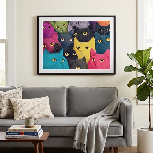 1000 Piece Puzzle for Adults, Colorful Whimsical Cat Faces Illustration, Premium Matte Finish, Thick Blue Cardboard, Fun and Challenging Jigsaw Puzzles for Cat Lovers - color: Rainbow Cats Squad