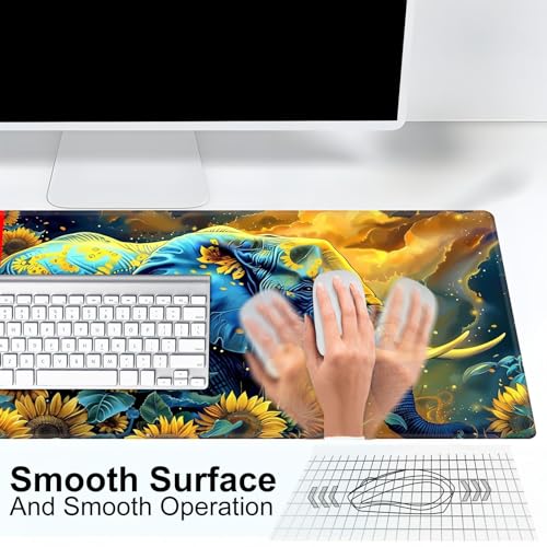 Large Gaming Playmat Compatible with MTG, Seamless Card Game Mat with Stitched Edges, 27.6 x 15.7 in Natural Rubber Desk Pad with Transparent Drawstring Bag, Elephant in Sunflower Field - color: Elephant in Sunflower Field, size: 28"X16" Regular
