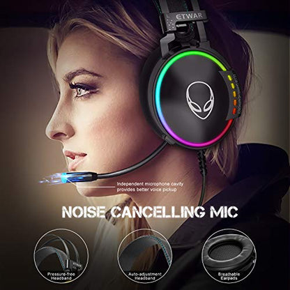 ETWAR EG100 USB Wired Gaming Headset for PC, 7.1 Surround Sound,Computer Headphones with Microphone/Mic Noise Cancelling, Video Gaming, RGB Flowing Light - for PS4, PS5,Laptop