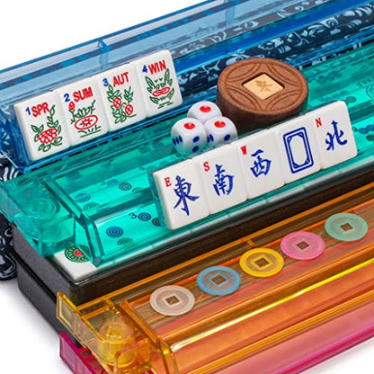 Yellow Mountain Imports American Mahjong Set, Chinoise II with Floral Blue Soft Case - All-in-One Racks with Pushers, Wright Patterson Betting Coins, Dice, & Wind Indicator - color: Chinoise