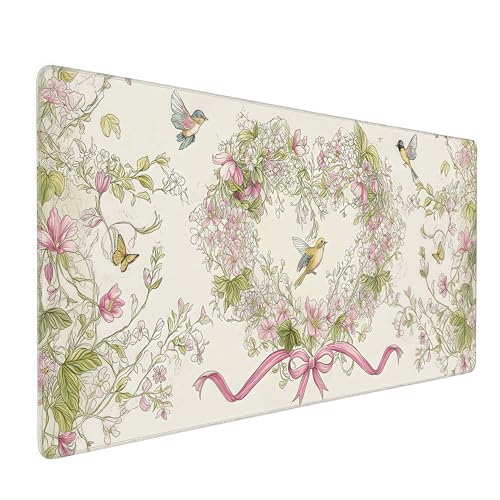 Floral Heart Pattern XXL Mouse Pad, Desk Mat with Non-Slip Base, Pink Keyboard Mat with Stitched Edges 35 x 15.8 inches - color: Floral Bow
