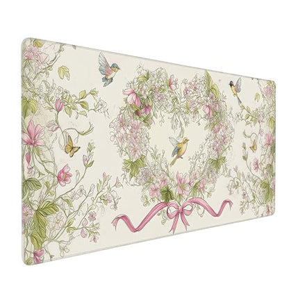 Floral Heart Pattern XXL Mouse Pad, Desk Mat with Non-Slip Base, Pink Keyboard Mat with Stitched Edges 35 x 15.8 inches - color: Floral Bow