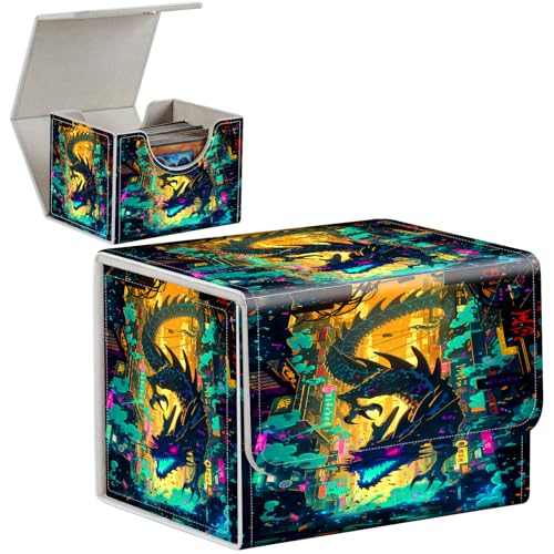 PU Leather Deck Box for MTG Commander Cards, Fits 100+ Double Sleeved Cards, Secure Magnetic Trading Card Storage Case for TCG CCG,Cyberpunk City Dragon - color: Cyberpunk City Dragon