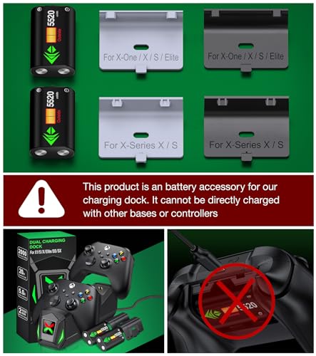 Controller Rechargeable Battery Pack - 2X5520mWH Xbox Battery Pack for Xbox One/Series X/S,Xbox One S/X/Elite, Xbox Controller Battery Pack with 4 Battery Covers,Without Base - color: Not Specified - Batteries Only