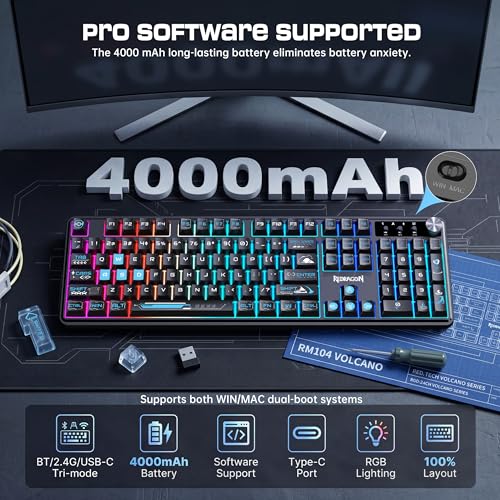 Redragon RM104 Wireless Gaming Keyboard with Knob, Tri-Mode BT/2.4G/USB-C RGB Computer Keyboards, 4000mAh Battery, Programmable Software Support, Anti-Ghosting, Compatible with PC Mac - Black & Blue - color: Black & Blue