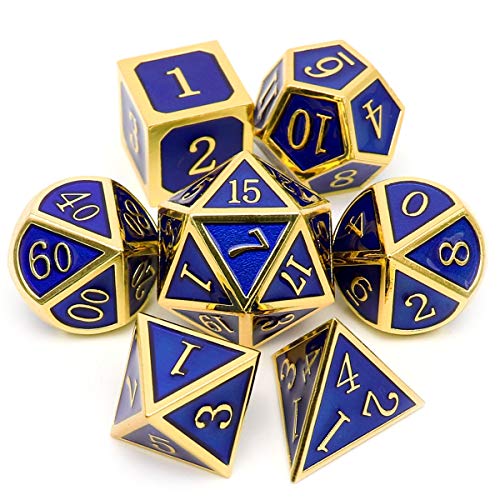 Haxtec Metal DND Dice Set, 7 Pcs Royal Blue Polyhedral Dice for RPG | Gold Number D&D with Leather Bag, Compatible with Dungeons and Dragons, Enamel Heavy Metallic, D&D Gifts for Table Games - color: Gold Navy Blue