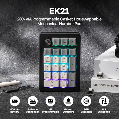 EPOMAKER EK21 VIA Gasket Number Pad w/ 1000mAh Battery, BT 5.0/2.4GHz/Wired | Hot-Swap Numpad with Aluminum Alloy knob, Programmable for Win/Mac/Gaming (Black Silver, Zebra Switch) - color: Black Silver, size: Zebra Switch