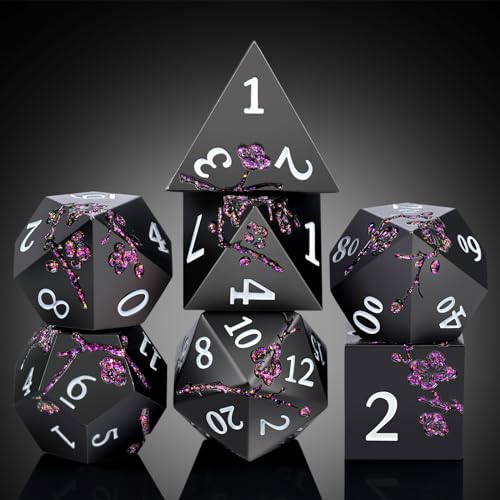 Glitter Purple Metal D&D Dice, DNDND 7 PCS Flower Metallic DND Dice Set with Gorgeous Gift Case for Dungeons and Dragon Tabletop Game (Matte Black with Glitter Purple Flower) - color: Flower Glitter Purple