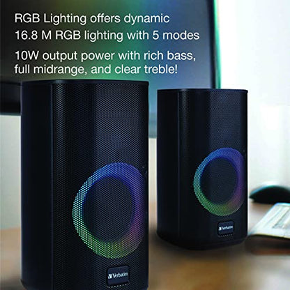 Verbatim RGB Gaming Stereo Desktop Speakers Bluetooth 5.0 3.5mm AUX-in Connection – Black