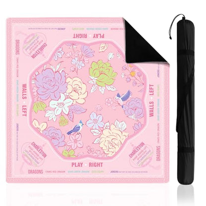 Soulchen Flower Pink American Mahjong Mat for Table with Rules, No Creases, Ships Rolled, 31.5 x 31.5 Non-Slip Noise Reduction Gaming Mat with Carrying Bag for Poker Card Board - color: Pink