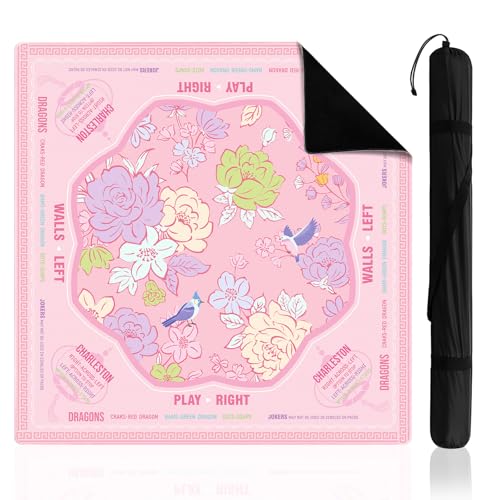 Soulchen Flower Pink American Mahjong Mat for Table with Rules, No Creases, Ships Rolled, 31.5 x 31.5 Non-Slip Noise Reduction Gaming Mat with Carrying Bag for Poker Card Board - color: Pink
