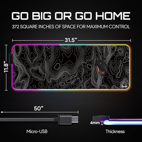 Gerlos RGB Gaming Mouse Pad, Large LED Desk Mat, 31.5 x 11.8 Inch | 12 light modes, non-slip base, water-resistant surface, stitched edges - color: Black