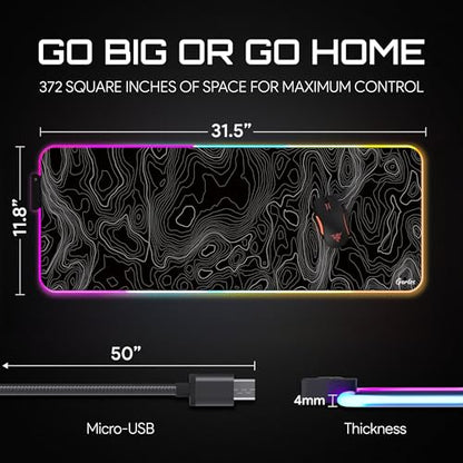 Gerlos RGB Gaming Mouse Pad, Large LED Desk Mat, 31.5 x 11.8 Inch | 12 light modes, non-slip base, water-resistant surface, stitched edges - color: Black