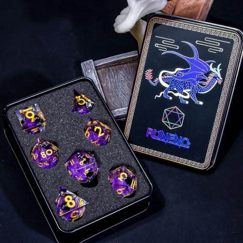 Roycevon Resin DND Dice Set with Gift Box, 7Pcs Liquid Core Cat D&D Dice, Cute Dungeons Dragons D and D Dice, Sharp Edge Role Playing Game Dice D20 D12 D10 D8 D6 D4, Purple - color: Purple