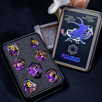 Roycevon Resin DND Dice Set with Gift Box, 7Pcs Liquid Core Cat D&D Dice, Cute Dungeons Dragons D and D Dice, Sharp Edge Role Playing Game Dice D20 D12 D10 D8 D6 D4, Purple - color: Purple