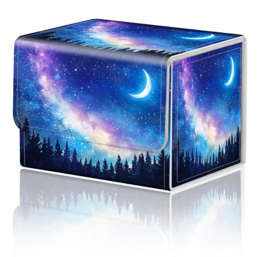 Magnetic Closure TCG Deck Box Portable Card Holder Trading Card Deck Box | PU Leather Collectible Card Case Game Trading Card Deck Box Storage Scratch Resistant Lining, Milky Way Crescent Moon Forest - color: Milky Way Crescent Moon Forest
