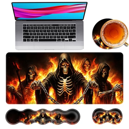 Large Mouse Pad and Keyboard Wrist Rest, Desk Pad for Keyboard and Mouse, 4-in-1 Large Gaming Mouse Pad with Wrist Support, Desk Mat for Home Office Study Game,Flaming Skull - color: Flaming Skull