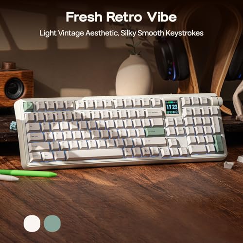 EPOMAKER RT100 PRO Wireless Gaming Keyboard with 1.54" Screen&Knob, RGB | 2.4Ghz/BT/USB-C, Hot Swap, 5000mAh, PBT Keycap, Custom Driver, Retro Mechanical Keyboard for Win/Mac (White, Creamy Jade) - size: Creamy Jade