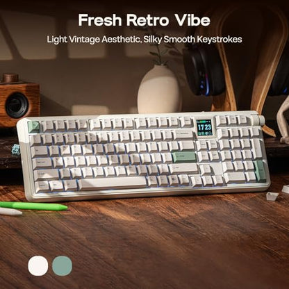 EPOMAKER RT100 PRO Wireless Gaming Keyboard with 1.54" Screen&Knob, RGB | 2.4Ghz/BT/USB-C, Hot Swap, 5000mAh, PBT Keycap, Custom Driver, Retro Mechanical Keyboard for Win/Mac (White, Creamy Jade) - size: Creamy Jade