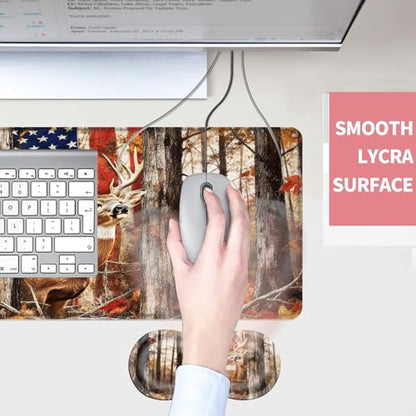 Mouse Pad,Large Desk Mat Set, 4in1 XL Mousepad + Keyboard Wrist Rest+Mouse Wrist Rest+Coaster with Ergonomic Desk Pad for Home Office Table Computer Cover -American Flag and Deer - color: American Flag and Deer