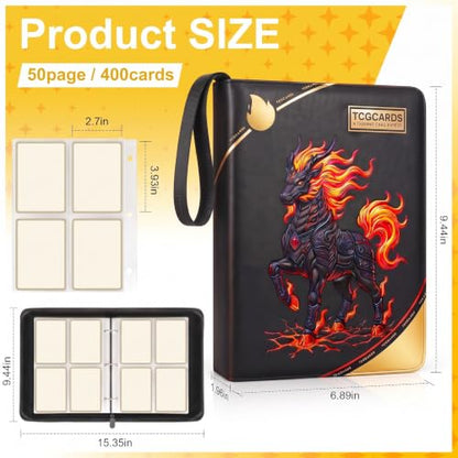 Trading Card Binder 4 Pocket,50 Removable Sleeves Can Hold 400 Cards,Pu Material and Waterproof,3-Ring Zip Design for MTG/TCG/Sport Collectible Trading Card Albums (Flame Dragon Phoenix)