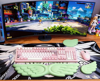 Angel Wing Wrist Rest Ergonomic Memory Foam Wrist Rest for Computer Keyboard Mouse Set with Cup Mat, Cute Gaming Keyboard Cushion Hand Support PU Leather Surface Anti-Slip Waterproof (Green) - color: Green