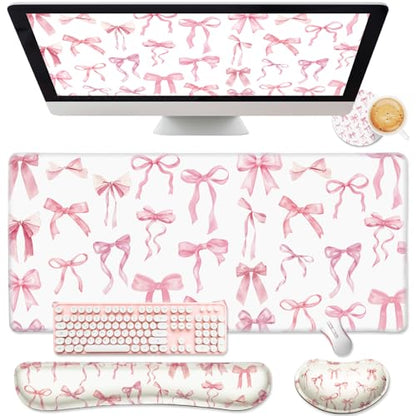 Relaxweex 4 Pcs Pink Bow Keyboard Mat and Mouse Pad Set Coquette Desk Mat Bowknot Mouse Pad with Wrist Rest Cute Keyboard Wrist Rest Preppy Cup Coasters Pink Ergonomic Design for Office Table Computer