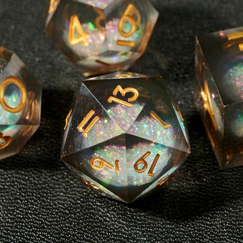 Polyhedral Dice Set 7-Piece, Sharp Edge Black and White Resin Iridecent Mylar Galaxy Dice for Dungeons Dragons D and D RPGs, MTG, Pathfinder and Board Games - color: Resin Black