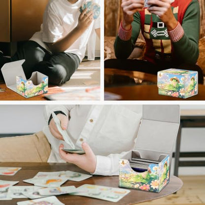 Magnetic Closure TCG Deck Box Portable Card Holder Trading Card Deck Box | PU Leather Collectible Card Case Game Trading Card Deck Box Storage Scratch Resistant Lining, Cute Green Frog Daisy Flower - color: Cute Green Frog Daisy Flower