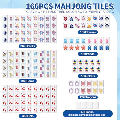 Deluxe American Mahjong Tile Set, 166 Unique Designer Tiles, White | Complete game kit with 4 pcs shuffler cards, 4 all-in-one racks/pushers and custom premium travel bag for family game night. - color: White