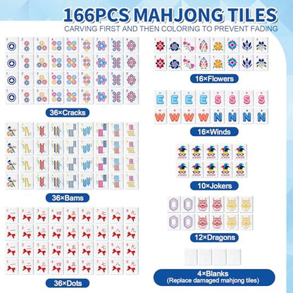 Deluxe American Mahjong Tile Set, 166 Unique Designer Tiles, White | Complete game kit with 4 pcs shuffler cards, 4 all-in-one racks/pushers and custom premium travel bag for family game night. - color: White