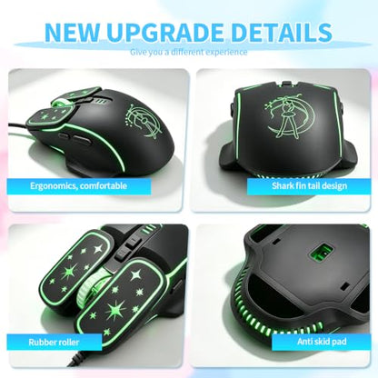 Wired Gaming Mouse, Lightweight USB Optical Computer Mice with 7 Buttons, 4 Adjustable DPI (1200-7200), Ergonomic Shape for Computers and Laptops, Black - color: Black