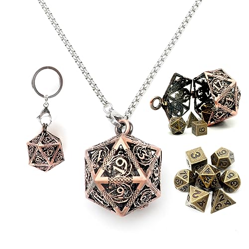 Haxtec Mini Metal DND Dice Set, D20 Hollow Cage Pendant Necklace & Keying | Portable 6mm Micro 7PCS D&D Dice, Cool Charm DND Accessories, For RPG Travel, Unique Gifts for Dungeons and Dragons Players - color: Antique Copper & Bronze