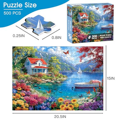 500 Piece Puzzle for Adults – Lake House Landscape Jigsaw Puzzle for Adults & Seniors – Eco-Friendly Recycled Paper – Fun & Challenging Family Game Gift for Friends and Family (20.5 x 15 in) - style: Lake Scenery
