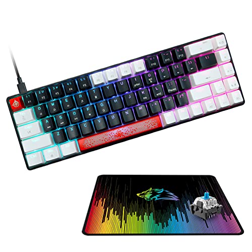 FELICON 60% Wired Mechanical Keyboard, RGB Backlight Compact 68 Key Small Gaming Keyboard All Keys Anti-Ghost, Type-C Waterproof Color Mouse Pad for Windows Laptop PC Mac(Black White & Blue Switch)